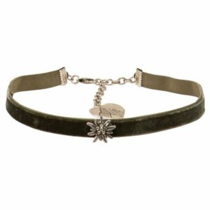 Alpenflüstern Choker Trachten-Samt-Kropfband Edelweiss mini (grün), – Trachtenkette enganliegend, Kropfkette elastisch, Damen-Trachtenschmuck, Samtkropfband schmal