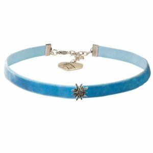 Alpenflüstern Choker Trachten-Samt-Kropfband Edelweiss mini (hell-blau), – Trachtenkette enganliegend, Kropfkette elastisch, Damen-Trachtenschmuck, Samtkropfband schmal