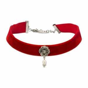 Alpenflüstern Choker Trachten-Samt-Kropfband Elfrida (rot), mit Ornament und Perle – nostalgische Trachtenkette enganliegend, Kropfkette elastisch, Damen-Trachtenschmuck, Samtkropfband breit