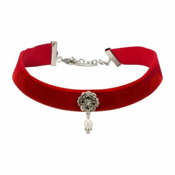 Alpenflüstern Choker Trachten-Samt-Kropfband Elfrida (rot), mit Ornament und Perle - nostalgische Trachtenkette enganliegend, Kropfkette elastisch, Damen-Trachtenschmuck, Samtkropfband breit