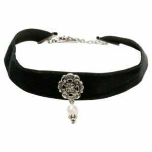 Alpenflüstern Choker Trachten-Samt-Kropfband Elfrida (schwarz), mit Ornament und Perle – nostalgische Trachtenkette enganliegend, Kropfkette elastisch, Damen-Trachtenschmuck, Samtkropfband breit