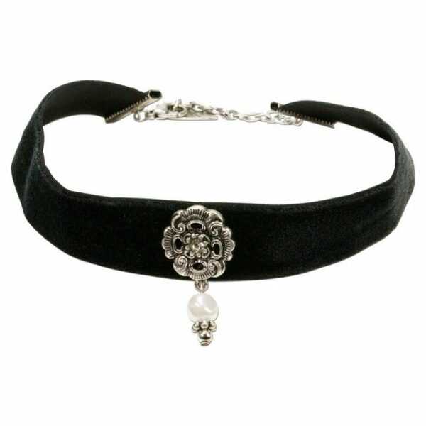 Alpenflüstern Choker Trachten-Samt-Kropfband Elfrida (schwarz), mit Ornament und Perle - nostalgische Trachtenkette enganliegend, Kropfkette elastisch, Damen-Trachtenschmuck, Samtkropfband breit