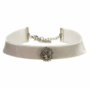 Alpenflüstern Choker Trachten-Samt-Kropfband Hirsch (grau), – Trachtenkette enganliegend, Kropfkette elastisch mit Hirschgeweih, eleganter Damen-Trachtenschmuck, Samtkropfband breit