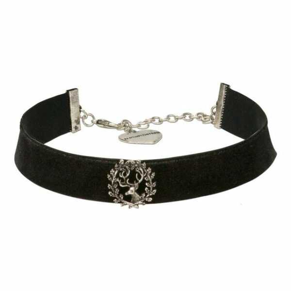 Alpenflüstern Choker Trachten-Samt-Kropfband Hirsch (schwarz), - Trachtenkette enganliegend, Kropfkette elastisch mit Hirschgeweih, eleganter Damen-Trachtenschmuck, Samtkropfband breit