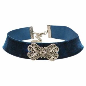 Alpenflüstern Choker Trachten-Samt-Kropfband Ornament-Schleife (blau), – nostalgische Trachtenkette enganliegend, Kropfkette elastisch, Damen-Trachtenschmuck, Samtkropfband breit