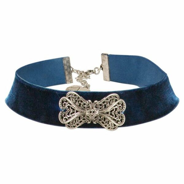 Alpenflüstern Choker Trachten-Samt-Kropfband Ornament-Schleife (blau), - nostalgische Trachtenkette enganliegend, Kropfkette elastisch, Damen-Trachtenschmuck, Samtkropfband breit