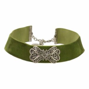 Alpenflüstern Choker Trachten-Samt-Kropfband Ornament-Schleife (grün), – nostalgische Trachtenkette enganliegend, Kropfkette elastisch, Damen-Trachtenschmuck, Samtkropfband breit