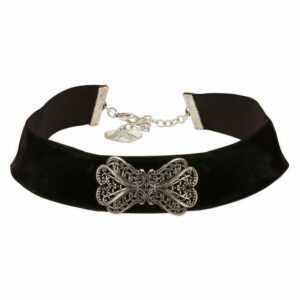 Alpenflüstern Choker Trachten-Samt-Kropfband Ornament-Schleife (schwarz), – nostalgische Trachtenkette enganliegend, Kropfkette elastisch, Damen-Trachtenschmuck, Samtkropfband breit