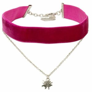 Alpenflüstern Choker Trachten-Samt-Kropfband Strass-Edelweiß-Kette (pink-fuchsia), – nostalgische Trachtenkette enganliegend, Kropfkette elastisch, Damen-Trachtenschmuck, Samtkropfband breit