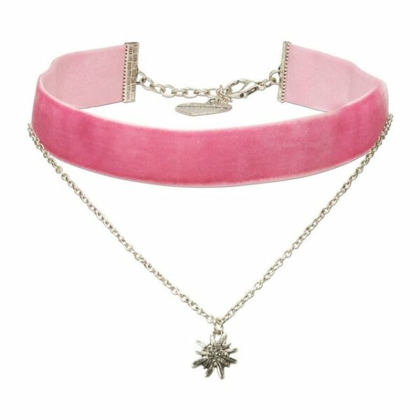 Alpenflüstern Choker Trachten-Samt-Kropfband Strass-Edelweiß-Kette (rosa-ros), - nostalgische Trachtenkette enganliegend, Kropfkette elastisch, Damen-Trachtenschmuck, Samtkropfband breit