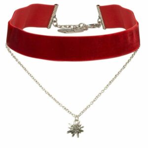 Alpenflüstern Choker Trachten-Samt-Kropfband Strass-Edelweiß-Kette (rot), – nostalgische Trachtenkette enganliegend, Kropfkette elastisch, Damen-Trachtenschmuck, Samtkropfband breit