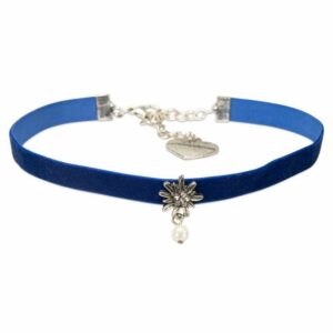 Alpenflüstern Choker Trachten-Samt-Kropfband Strass-Edelweiß Perle (blau), – nostalgische Trachtenkette enganliegend, Kropfkette elastisch, Damen-Trachtenschmuck, Samtkropfband schmal