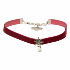 Alpenflüstern Choker Trachten-Samt-Kropfband Strass-Edelweiß Perle (dunkel-rot), – nostalgische Trachtenkette enganliegend, Kropfkette elastisch, Damen-Trachtenschmuck, Samtkropfband schmal