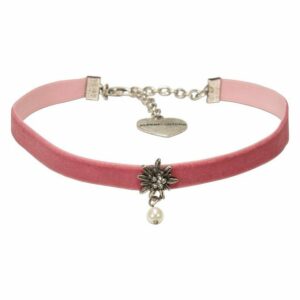 Alpenflüstern Choker Trachten-Samt-Kropfband Strass-Edelweiß Perle (rosa-ros), – nostalgische Trachtenkette enganliegend, Kropfkette elastisch, Damen-Trachtenschmuck, Samtkropfband schmal