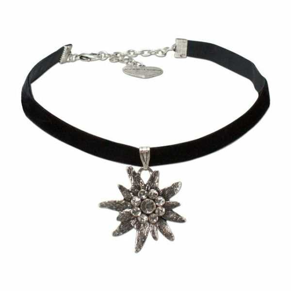 Alpenflüstern Choker Trachten-Samt-Kropfband Strass-Edelweiß groß (schwarz), - Trachtenkette enganliegend, Kropfkette elastisch, Damen-Trachtenschmuck, Samtkropfband schmal