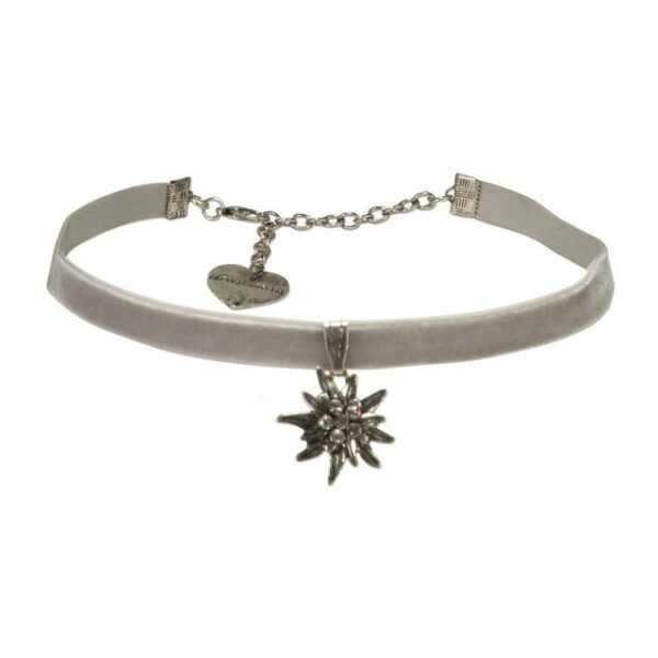 Alpenflüstern Choker Trachten-Samt-Kropfband Strass-Edelweiß klein (grau), - Trachtenkette enganliegend, Kropfkette elastisch, Damen-Trachtenschmuck, Samtkropfband schmal