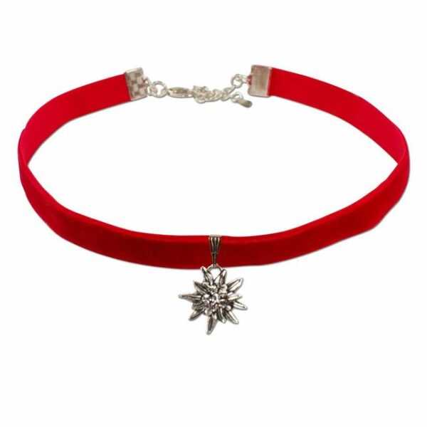 Alpenflüstern Choker Trachten-Samt-Kropfband Strass-Edelweiß klein (rot), - Trachtenkette enganliegend, Kropfkette elastisch, Damen-Trachtenschmuck, Samtkropfband schmal