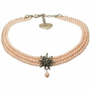 Alpenflüstern Collier Trachten-Perlen-Kropfkette Strass-Edelweiß (rosa-ros), – nostalgische Trachtenkette, eleganter Damen-Trachtenschmuck, Dirndlkette