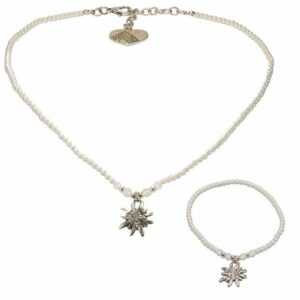 Alpenflüstern Ketten-Set Trachtenschmuck-Set Filigran Perlen-Trachtenkette und Trachten-Armband Strass-Edelweiss (creme-weiß), – Damen-Trachten-Schmuck, Trachtenset Dirndl-Kette und Trachten-Armkette