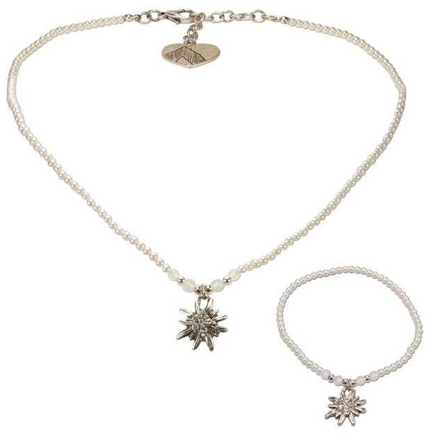 Alpenflüstern Ketten-Set Trachtenschmuck-Set Filigran Perlen-Trachtenkette und Trachten-Armband Strass-Edelweiss (creme-weiß), – Damen-Trachten-Schmuck, Trachtenset Dirndl-Kette und Trachten-Armkette