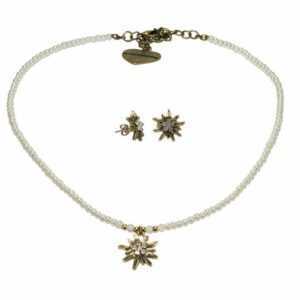 Alpenflüstern Ketten-Set Trachtenschmuck-Set Filigran Perlen-Trachtenkette und Trachten-Ohrstecker Strass-Edelweiß (creme-weiß), – Damen-Trachten-Schmuck antik-gold-farben, Trachtenset