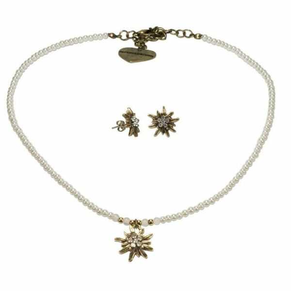 Alpenflüstern Ketten-Set Trachtenschmuck-Set Filigran Perlen-Trachtenkette und Trachten-Ohrstecker Strass-Edelweiß (creme-weiß), - Damen-Trachten-Schmuck antik-gold-farben, Trachtenset