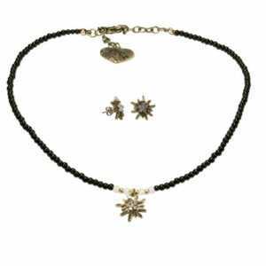 Alpenflüstern Ketten-Set Trachtenschmuck-Set Filigran Perlen-Trachtenkette und Trachten-Ohrstecker Strass-Edelweiß (schwarz), – Damen-Trachten-Schmuck antik-gold-farben, Trachtenset