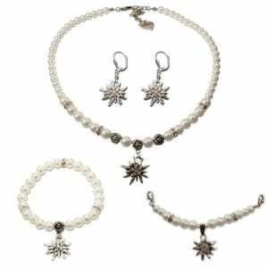 Alpenflüstern Ketten-Set Trachtenschmuck-Set Perlen-Trachtenkette, Armband, Charivari und Ohrhänger Strass-Edelweiß (creme-weiß), – Damen-Trachten-Schmuck, Trachtenset