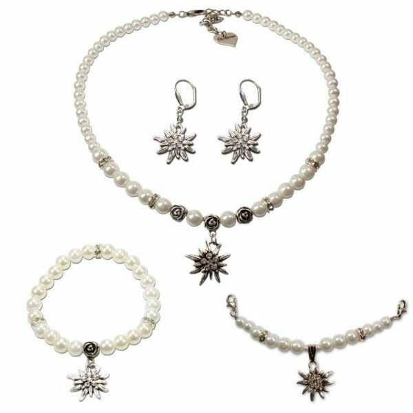 Alpenflüstern Ketten-Set Trachtenschmuck-Set Perlen-Trachtenkette, Armband, Charivari und Ohrhänger Strass-Edelweiß (creme-weiß), - Damen-Trachten-Schmuck, Trachtenset