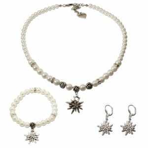 Alpenflüstern Ketten-Set Trachtenschmuck-Set Perlen-Trachtenkette, Armband & Ohrhänger Strass-Edelweiß (creme-weiß), – Damen Trachten-Schmuck, Trachtenset Dirndl-Kette, Armkette, Ohrringe