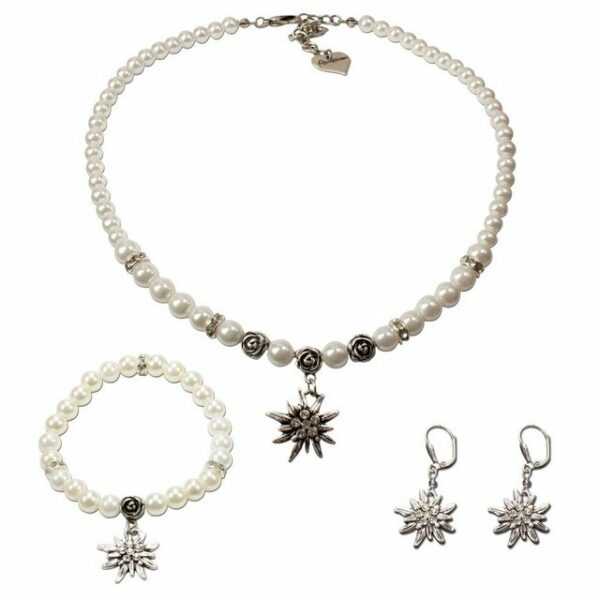 Alpenflüstern Ketten-Set Trachtenschmuck-Set Perlen-Trachtenkette, Armband & Ohrhänger Strass-Edelweiß (creme-weiß), - Damen Trachten-Schmuck, Trachtenset Dirndl-Kette, Armkette, Ohrringe