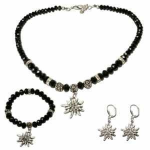 Alpenflüstern Ketten-Set Trachtenschmuck-Set Perlen-Trachtenkette, Armband & Ohrhänger Strass-Edelweiß (schwarz), – Damen Trachten-Schmuck, Trachtenset Dirndl-Kette, Armkette, Ohrringe