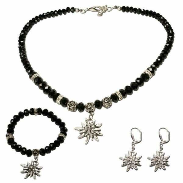 Alpenflüstern Ketten-Set Trachtenschmuck-Set Perlen-Trachtenkette, Armband & Ohrhänger Strass-Edelweiß (schwarz), - Damen Trachten-Schmuck, Trachtenset Dirndl-Kette, Armkette, Ohrringe