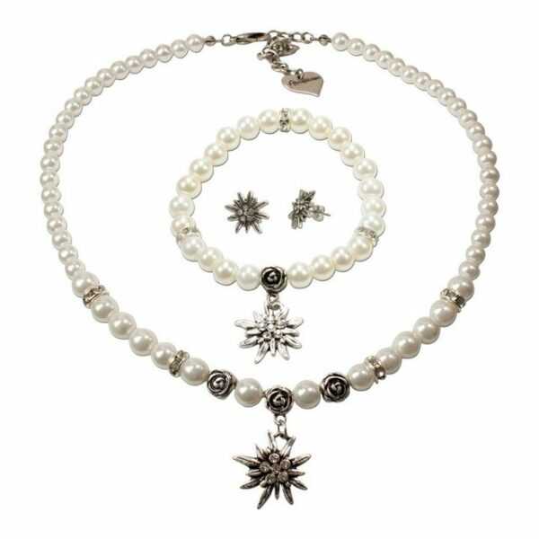 Alpenflüstern Ketten-Set Trachtenschmuck-Set Perlen-Trachtenkette, Armband und Ohrstecker Strass-Edelweiß (creme-weiß), - Damen-Trachten-Schmuck, Trachtenset Dirndl-Kette, Armkette, Ohrringe