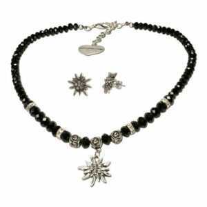 Alpenflüstern Ketten-Set Trachtenschmuck-Set Perlen-Trachtenkette und Ohrstecker Strass-Edelweiß (schwarz), – Damen-Trachten-Schmuck, Trachtenset Dirndl-Kette und Trachten-Ohrringe