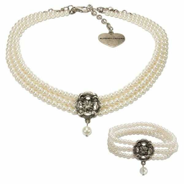 Alpenflüstern Ketten-Set Trachtenschmuck-Set Perlen-Trachtenkette und Trachten-Armband Frederike (creme-weiß), - Damen-Trachten-Schmuck, Trachtenset Dirndl-Kette und Trachten-Armkette