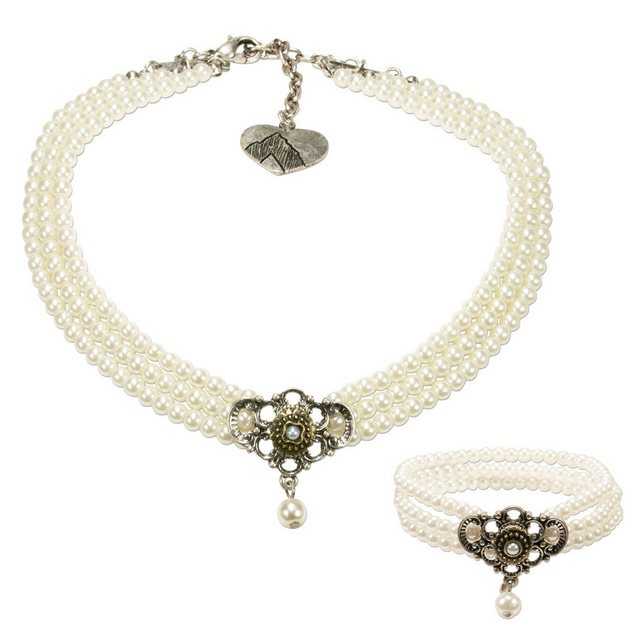 Alpenflüstern Ketten-Set Trachtenschmuck-Set Perlen-Trachtenkette und Trachten-Armband Hedwig (creme-weiß), – Damen-Trachten-Schmuck, Trachtenset Dirndl-Kette und Trachten-Armkette