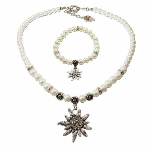 Alpenflüstern Ketten-Set Trachtenschmuck-Set Perlen-Trachtenkette und Trachten-Armband Strass-Edelweiß (creme-weiß), - Damen-Trachten-Schmuck, Trachtenset Dirndl-Kette und Trachten-Armkette