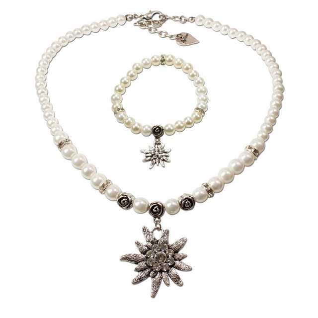 Alpenflüstern Ketten-Set Trachtenschmuck-Set Perlen-Trachtenkette und Trachten-Armband Strass-Edelweiß (creme-weiß), – Damen-Trachten-Schmuck, Trachtenset Dirndl-Kette und Trachten-Armkette