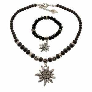 Alpenflüstern Ketten-Set Trachtenschmuck-Set Perlen-Trachtenkette und Trachten-Armband Strass-Edelweiß (schwarz), – Damen-Schmuck, Trachtenset Dirndl-Kette und Trachten-Armkette