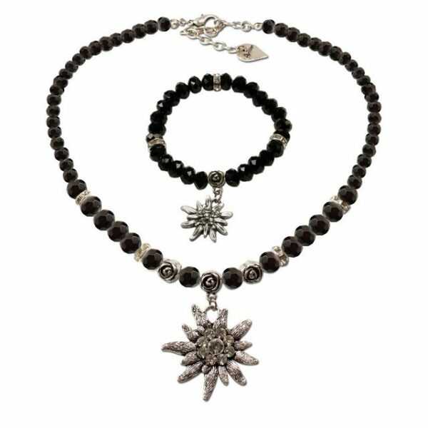 Alpenflüstern Ketten-Set Trachtenschmuck-Set Perlen-Trachtenkette und Trachten-Armband Strass-Edelweiß (schwarz), - Damen-Schmuck, Trachtenset Dirndl-Kette und Trachten-Armkette