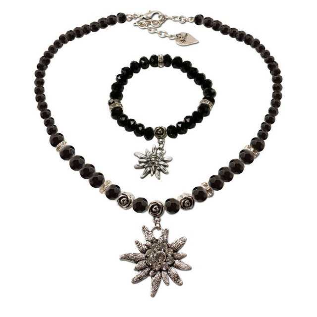 Alpenflüstern Ketten-Set Trachtenschmuck-Set Perlen-Trachtenkette und Trachten-Armband Strass-Edelweiß (schwarz), – Damen-Schmuck, Trachtenset Dirndl-Kette und Trachten-Armkette