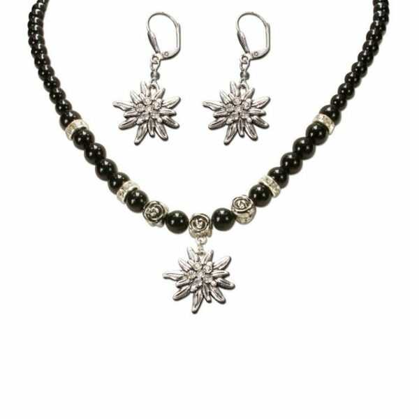 Alpenflüstern Ketten-Set Trachtenschmuck-Set Perlen-Trachtenkette und Trachten-Ohrhänger Strass-Edelweiß (schwarz), - Damen-Trachten-Schmuck, Trachtenset Dirndl-Kette und Trachten-Ohrringe