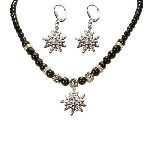 Alpenflüstern Ketten-Set Trachtenschmuck-Set Perlen-Trachtenkette und Trachten-Ohrhänger Strass-Edelweiß (schwarz), – Damen-Trachten-Schmuck, Trachtenset Dirndl-Kette und Trachten-Ohrringe