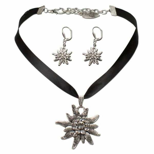 Alpenflüstern Ketten-Set Trachtenschmuck-Set Satin-Trachtenkette und Ohrhänger Strass-Edelweiß (schwarz), - Damen-Trachten-Schmuck, Trachtenset Dirndl-Kette und Trachten-Ohrringe