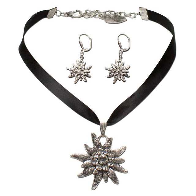 Alpenflüstern Ketten-Set Trachtenschmuck-Set Satin-Trachtenkette und Ohrhänger Strass-Edelweiß (schwarz), – Damen-Trachten-Schmuck, Trachtenset Dirndl-Kette und Trachten-Ohrringe