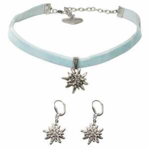 Alpenflüstern Ketten-Set Trachtenschmuck-Set Trachten-Samt-Kropfband und Ohrhänger Strass-Edelweiß (hell-blau), – Damen-Trachten-Schmuck, Trachtenset Trachtenkette und Trachten-Ohrringe