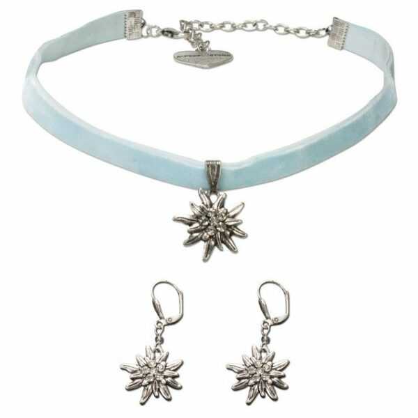 Alpenflüstern Ketten-Set Trachtenschmuck-Set Trachten-Samt-Kropfband und Ohrhänger Strass-Edelweiß (hell-blau), - Damen-Trachten-Schmuck, Trachtenset Trachtenkette und Trachten-Ohrringe