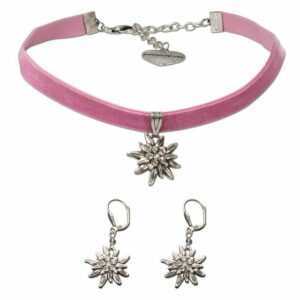 Alpenflüstern Ketten-Set Trachtenschmuck-Set Trachten-Samt-Kropfband und Ohrhänger Strass-Edelweiß (rosa-ros), – Damen-Trachten-Schmuck, Trachtenset Trachtenkette und Trachten-Ohrringe