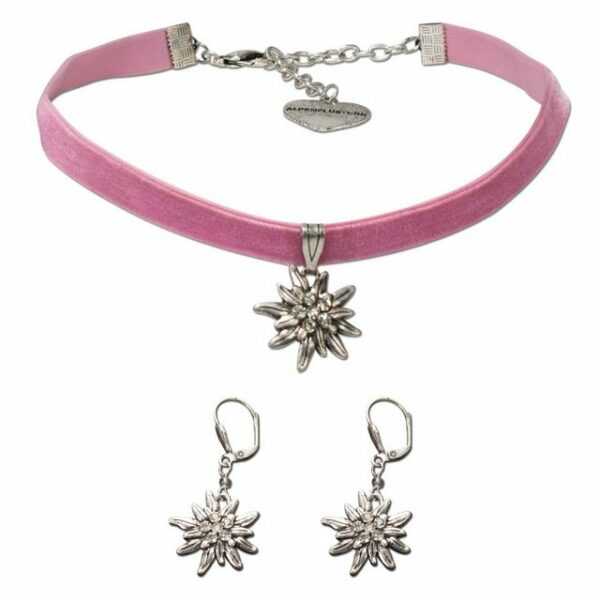 Alpenflüstern Ketten-Set Trachtenschmuck-Set Trachten-Samt-Kropfband und Ohrhänger Strass-Edelweiß (rosa-ros), - Damen-Trachten-Schmuck, Trachtenset Trachtenkette und Trachten-Ohrringe